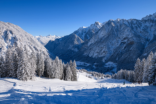 Snowy winter landscape and perfect conditions in ski resort. Photographed in Brandnertal, Vorarlberg, Austria.