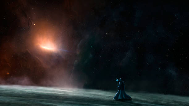 istock Sci-fi landscape digital painting background. Magician walking on land with colorful nebula and stars 1298398664