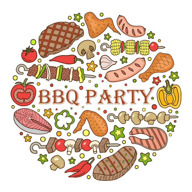 barbecue-poster. - pork tenderloin dinner barbecue stock-grafiken, -clipart, -cartoons und -symbole