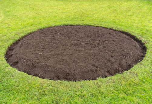 A circular area of worked soil in a grass lawn, ready for planting as a flowerbed.