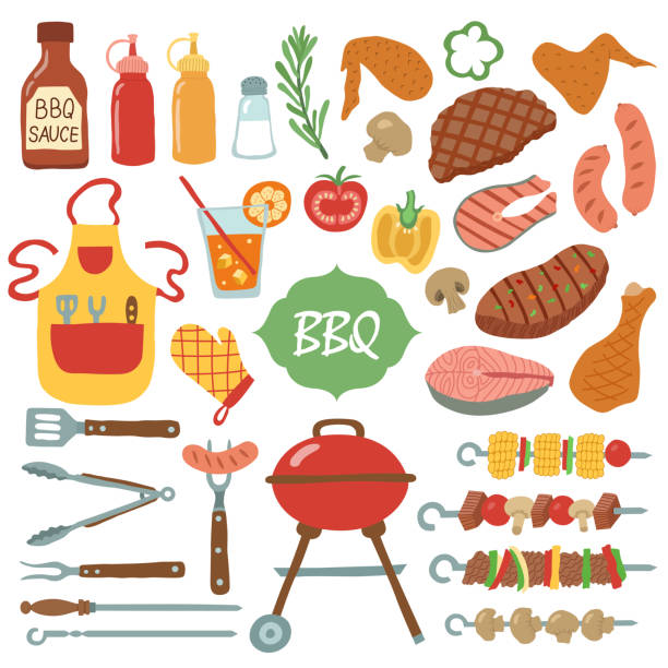 ilustraciones, imágenes clip art, dibujos animados e iconos de stock de un conjunto de artículos de barbacoa. - barbecue grill illustrations