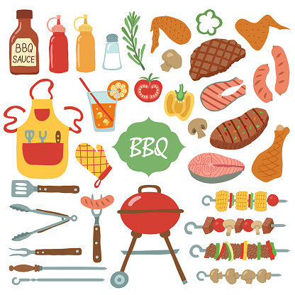 Elements of barbecue. Flat style. Vector illustration.