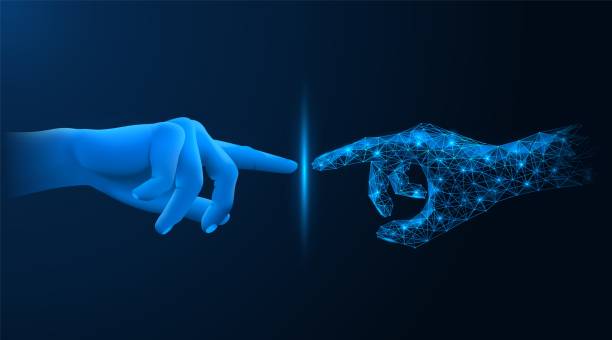 Touch with virtual reality. Touch with virtual reality. The point of contact of the human hand with the projection. Blue background. innovation technology stock illustrations