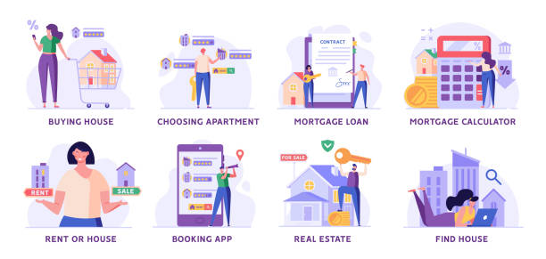 ilustrações de stock, clip art, desenhos animados e ícones de man buying house with key, people renting apartment with online service, woman calculating mortgage rates. concept of mortgage loan, real estate, home for sale. vector illustration set - key mortgage house housing development