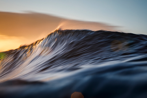 Cresting wave breaking in the ocean against a golden sunny morning sky