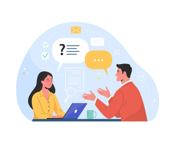 Job interview. Vector flat modern illustration of a man talking to a young woman with laptop. Isolated on background working illustrations stock illustrations