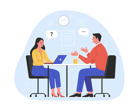 Vector flat modern illustration of a man talking to a young woman with laptop. Isolated on background