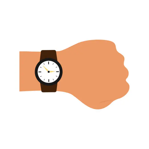 Vector illustration of Brown watch on the wrist. Time symbol isolated on white background. Illustration