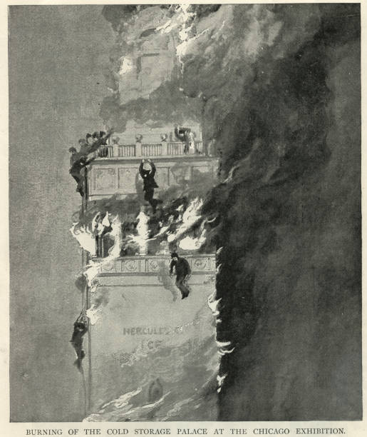 Vintage illustration of Firemen trapped on burning Cold Storage Palace, Chicago Exhibition on July 11, 1893