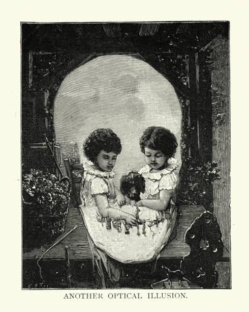 Optical illusion, Two children and dog, form a skull shape, Victorian Vintage illustration of Optical illusion, Two children and dog, form a skull shape, Victorian. After M. Gallieni illusion stock illustrations