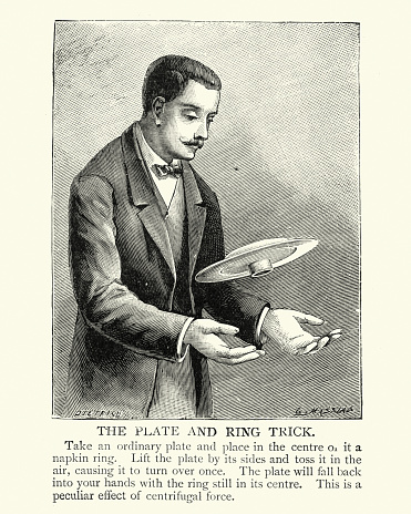 Vintage illustration of Victorian magician performing a plate and ring trick, 19th Century magic