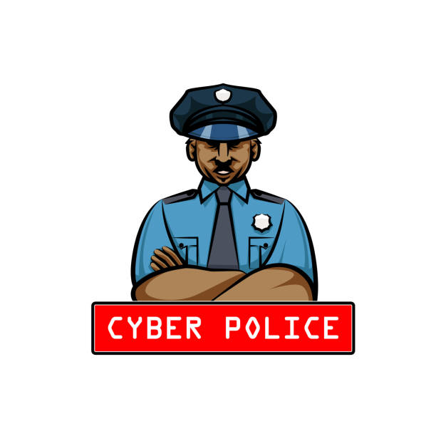 illustrations, cliparts, dessins animés et icônes de cyber-policier à la peau foncée en uniforme. - violence police catching stealing