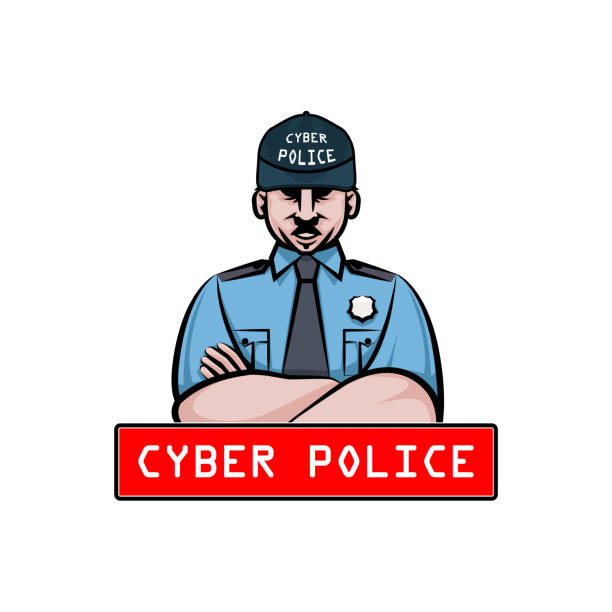 illustrations, cliparts, dessins animés et icônes de cyber-policier caucasien mâle dans l’uniforme. - violence police catching stealing