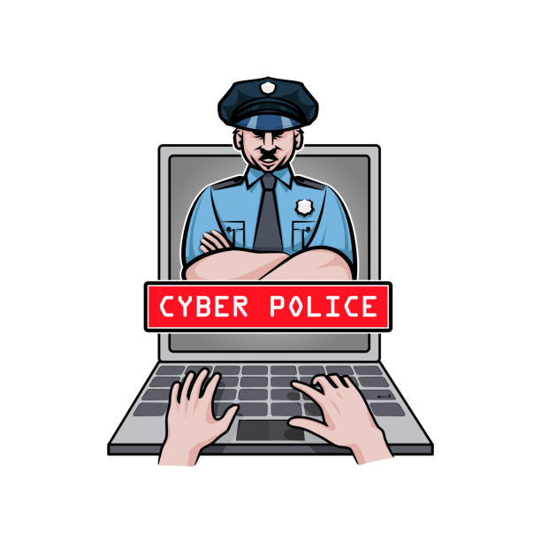 illustrations, cliparts, dessins animés et icônes de cyber policier apparaît sur ordinateur portable écran. - violence police catching stealing