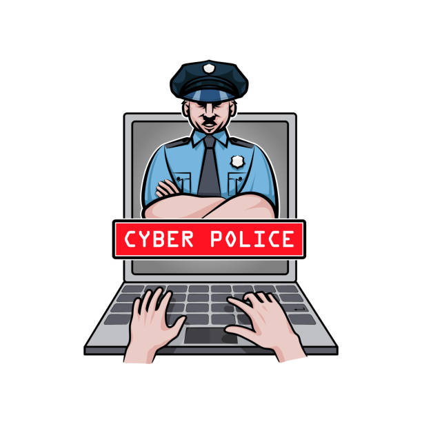 ilustrações, clipart, desenhos animados e ícones de policial cibernético aparece no laptop de tela. - violence police catching stealing