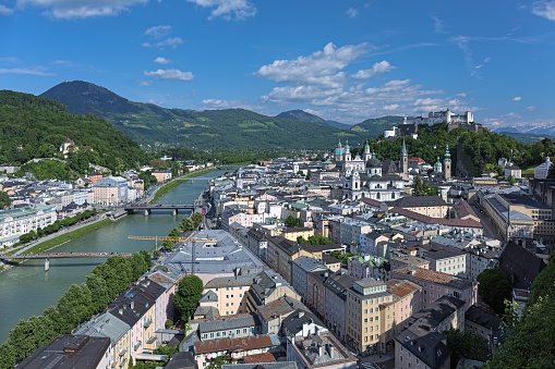 Salzburg, Austria. View on the historical part of the city from observation point at Monchsberg mountain.