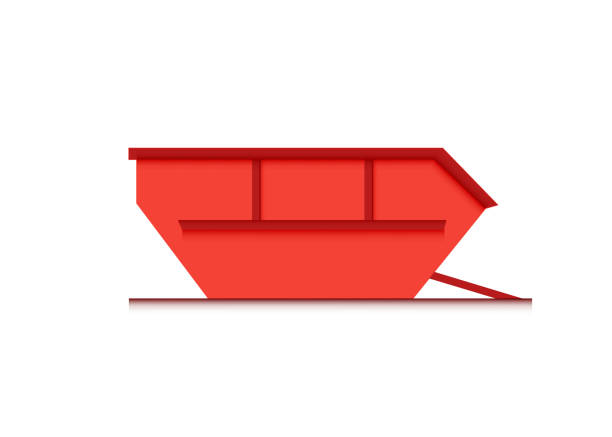 skip bin is a large open-topped waste container. red skip vector icon illustration skip bin is a large open-topped waste container. red skip vector icon construction hiring stock illustrations