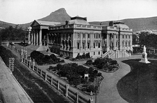 Houses of Parliament in Cape Town, South Africa. Vintage photo etching circa 19th century.