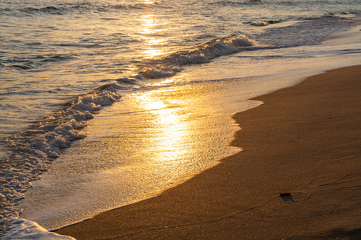 Light of golden shimmering sunset light on gentle waves on a sandy beach