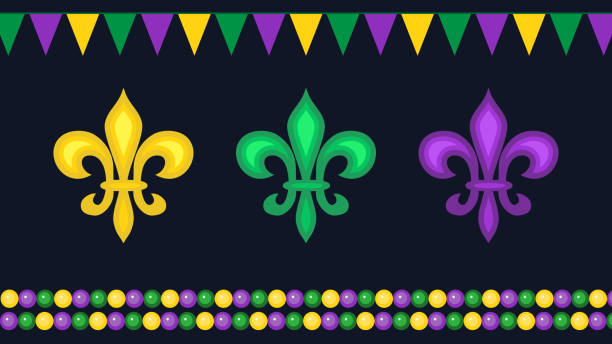 Mardi Gras carnival elements Beautiful yellow, green, purple Fleur-de-Lis lilies symbol, flag garlands and beads on black background. Venetian carnival Mardi Gras party. Great for posters, header for website. Vector mardi gras stock illustrations