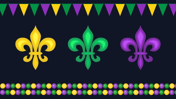 Mardi Gras carnival elements Beautiful yellow, green, purple Fleur-de-Lis lilies symbol, flag garlands and beads on black background. Venetian carnival Mardi Gras party. Great for posters, header for website. Vector purple and gold masquerade masks stock illustrations