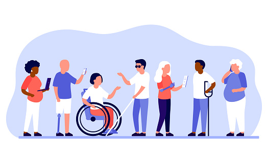 Group diverse of people with disabilities work together in office. Disabled different people stand in raw and communicate with mobile phone, laptop. Handicapped persons work. Vector