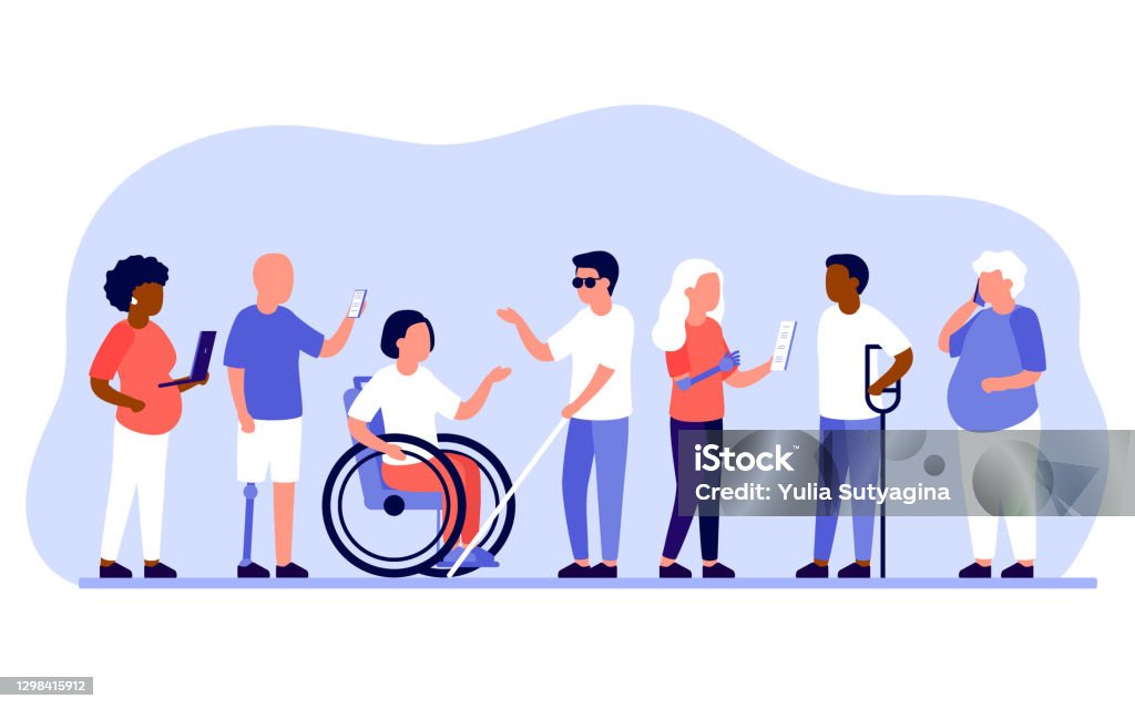 Group diverse of people with disabilities work together in office. Disabled different people stand in raw and communicate with mobile phone, laptop. Handicapped persons work. Vector illustration Group diverse of people with disabilities work together in office. Disabled different people stand in raw and communicate with mobile phone, laptop. Handicapped persons work. Vector Disability stock vector