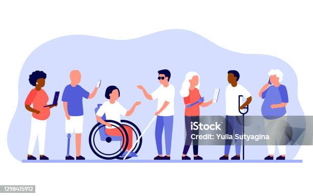 Group Diverse Of People With Disabilities Work Together In Office Disabled Different People Stand In Raw And Communicate With Mobile Phone Laptop Handicapped Persons Work Vector Illustration Stock Illustration - Download Image Now
