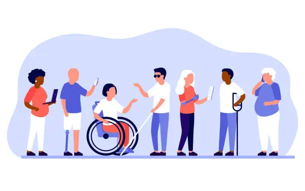 Vector illustration of Group diverse of people with disabilities work together in office. Disabled different people stand in raw and communicate with mobile phone, laptop. Handicapped persons work. Vector illustration