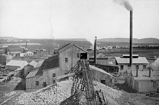 Simmer & Jack gold mine in Germiston, South Africa. Vintage photo etching circa 19th century.