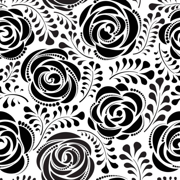 ilustraciones, imágenes clip art, dibujos animados e iconos de stock de patrón floral sin costuras con rosa de flor. línea de remolino abstracto florecen el fondo. fondo de pantalla en mosaico de pétalos - summer flower head macro backgrounds