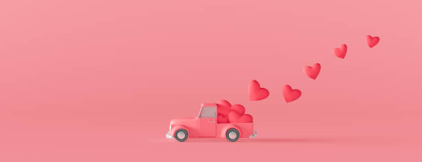 istock Cute pink car with red hearts. Valentine's day concept on pink background 3d render 1298419430