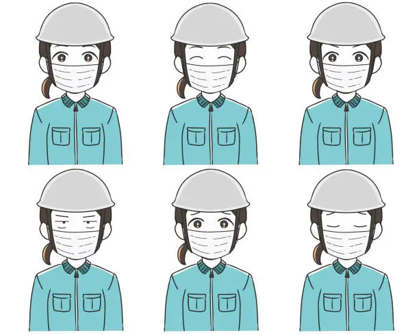 Vector illustration of Worker white helmet female mask facial expression variation