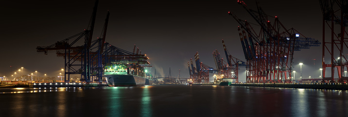 Nightly panorama of a large terminal in the port of Hamburg