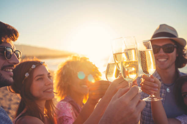 gruppo di amici che fanno un brindisi con champagne sulla spiaggia. - champagne celebration glass black foto e immagini stock