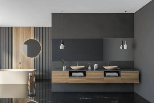istock Gray and wooden bathroom interior 1298433809