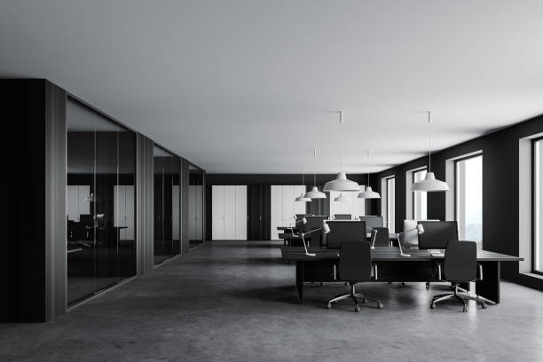 istock Gray and wooden open space office 1298436004