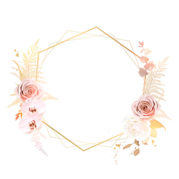 Trendy dried fern leaves, blush pink rose, pale orchid, white ranunculus, pampas grass Trendy dried fern leaves, blush pink rose, pale orchid, white ranunculus, pampas grass vector wedding frame. Trendy flower. Beige, gold glitter, brown, rust, taupe. Elements are isolated and editable hexagon illustrations stock illustrations