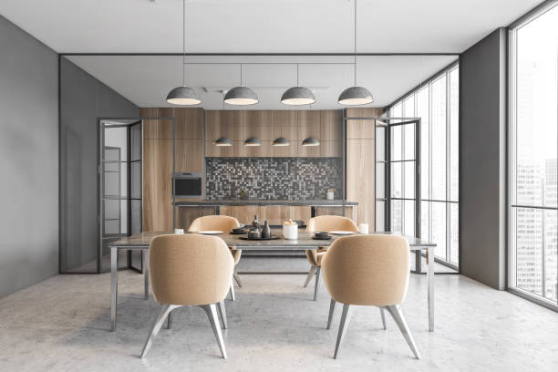 istock Wooden kitchen and dining room interior 1298439063