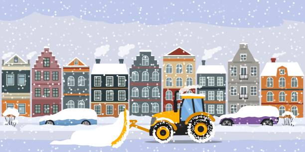 gorodTRAKTOR A tractor cleans the road in the city after heavy snow and hail. parked cars on the street in snowdrifts and snow. flat vector illustration snow road stock illustrations