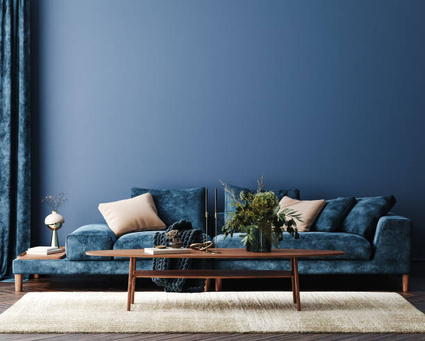 istock Home interior mock-up with blue sofa, table and decor in living room 1298439458