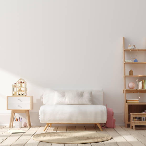 istock Blank wall mock up in cozy nursery interior background, Scandinavian style 1298439482