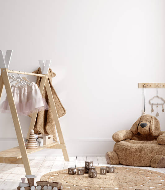 istock Blank wall mock up in cozy nursery interior background, Scandinavian style 1298439485