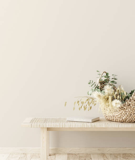 istock Bench with decor close up in home interior background, wall mock up 1298439489