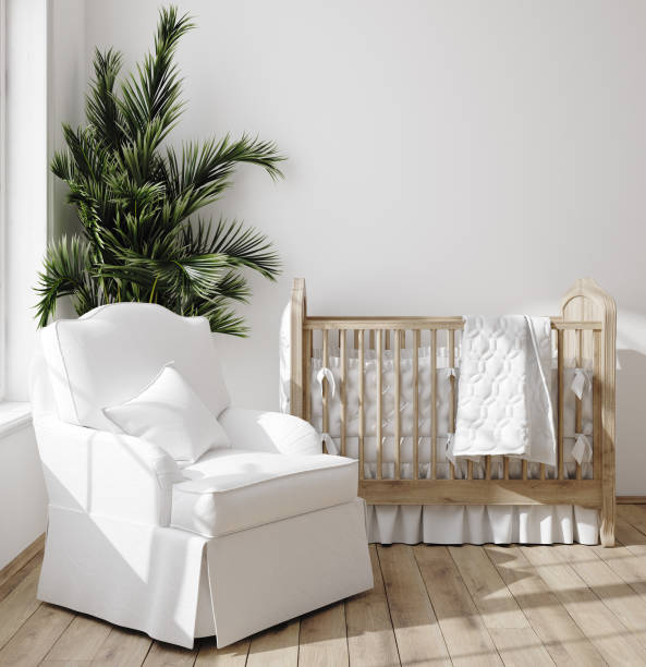 istock Blank wall mock up in cozy nursery interior background, Scandinavian style 1298439513