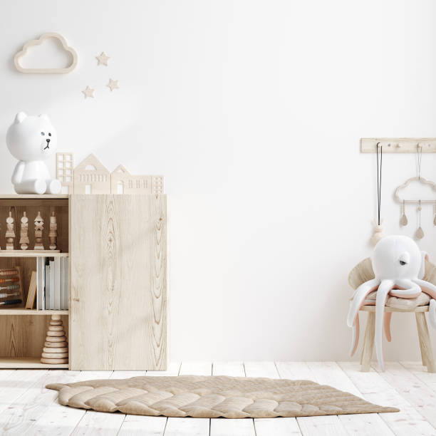 istock Blank wall mock up in cozy nursery interior background, Scandinavian style 1298439514