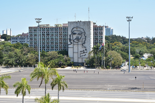Havana, Cuba - May 10, 2019: View of Plaza de la Revolución (Revolution Square) and the Ministry of the Interior with the Che Guevara memorial.