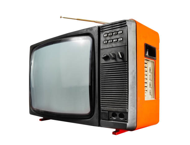 istock Old black and orange colored soviet tv set side view on white background. 1298444844