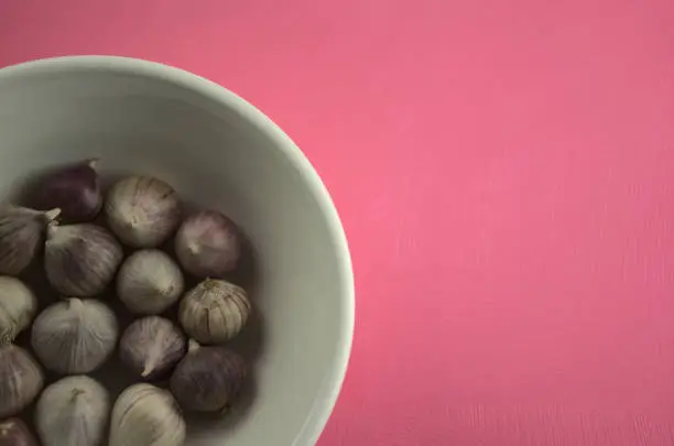 Photo of Garlic in bowl on acrylic scratchy pink canvas background. Food, kitchen, eating, still life photography with copy space.