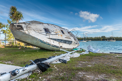 Boat damaged and abandoned by the passage of a cyclone in Miami.